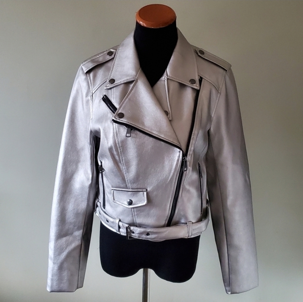 NWT Romeo & Juliet Couture L Modern  Cyber Goth Rave Biker Metallic Moto Jacket